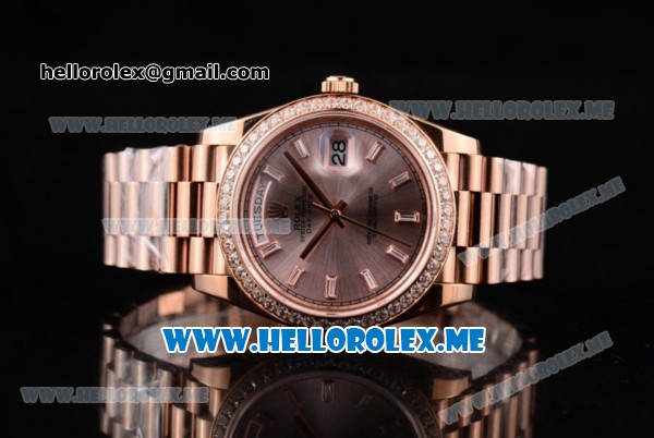 Rolex Day-Date Swiss ETA 2836 Automatic Rose Gold Case/Bracelet with Silver Dial and Stick Markers Diamonds Bezel (BP) - Click Image to Close